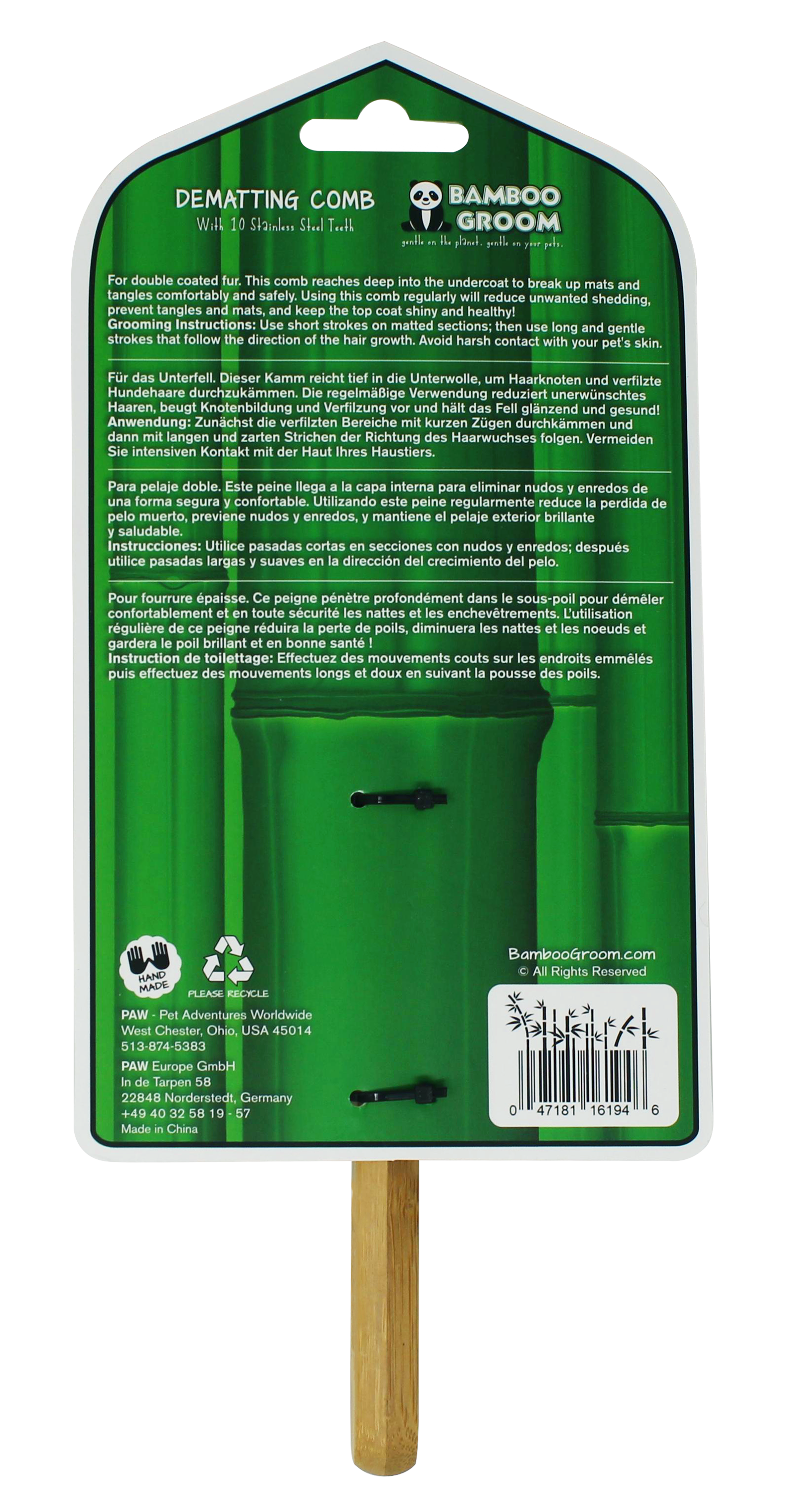 Bamboo Groom flokekam 10 tenner rustfritt stål